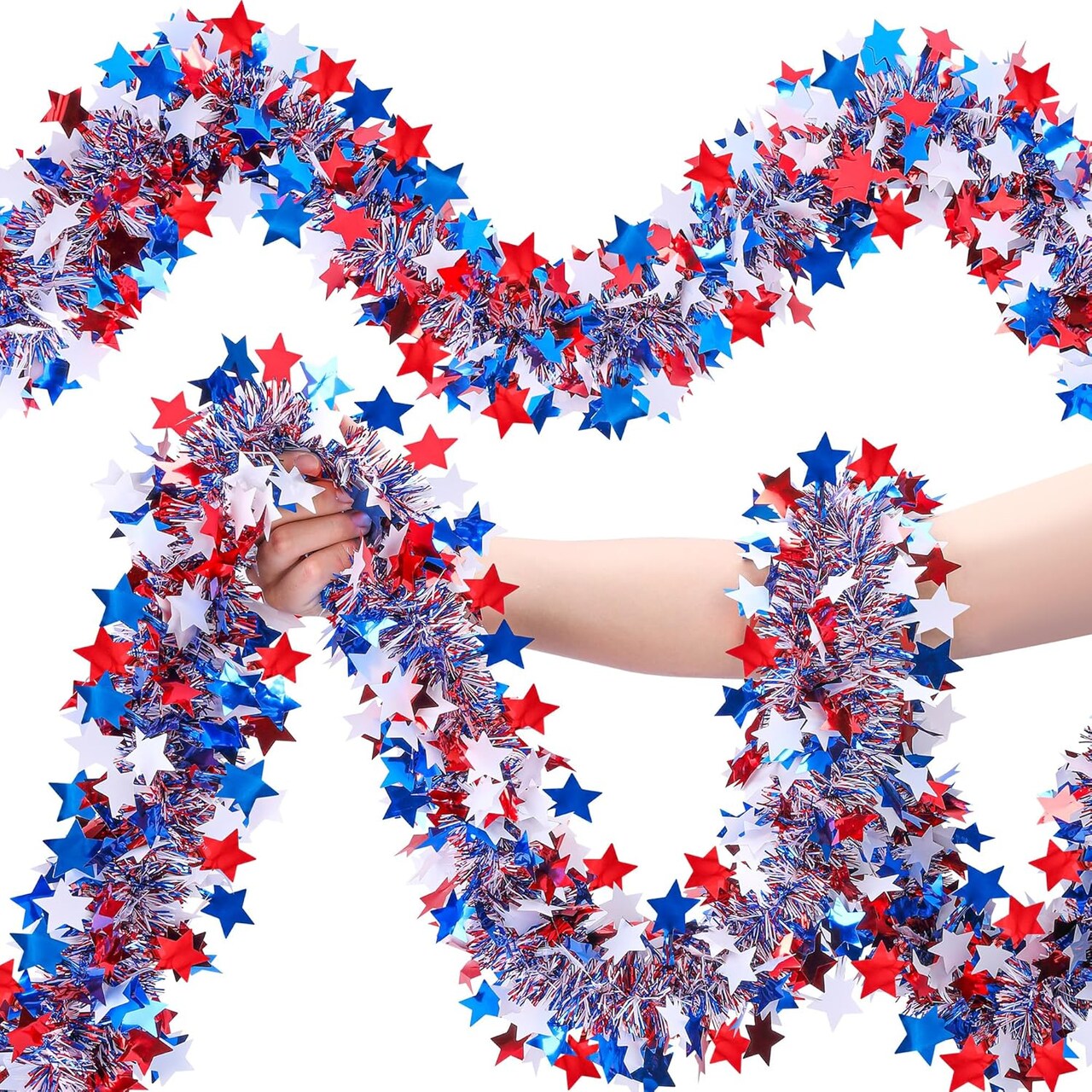 Red, White & Blue Star Metallic Tinsel Garland 4th of July Decorations